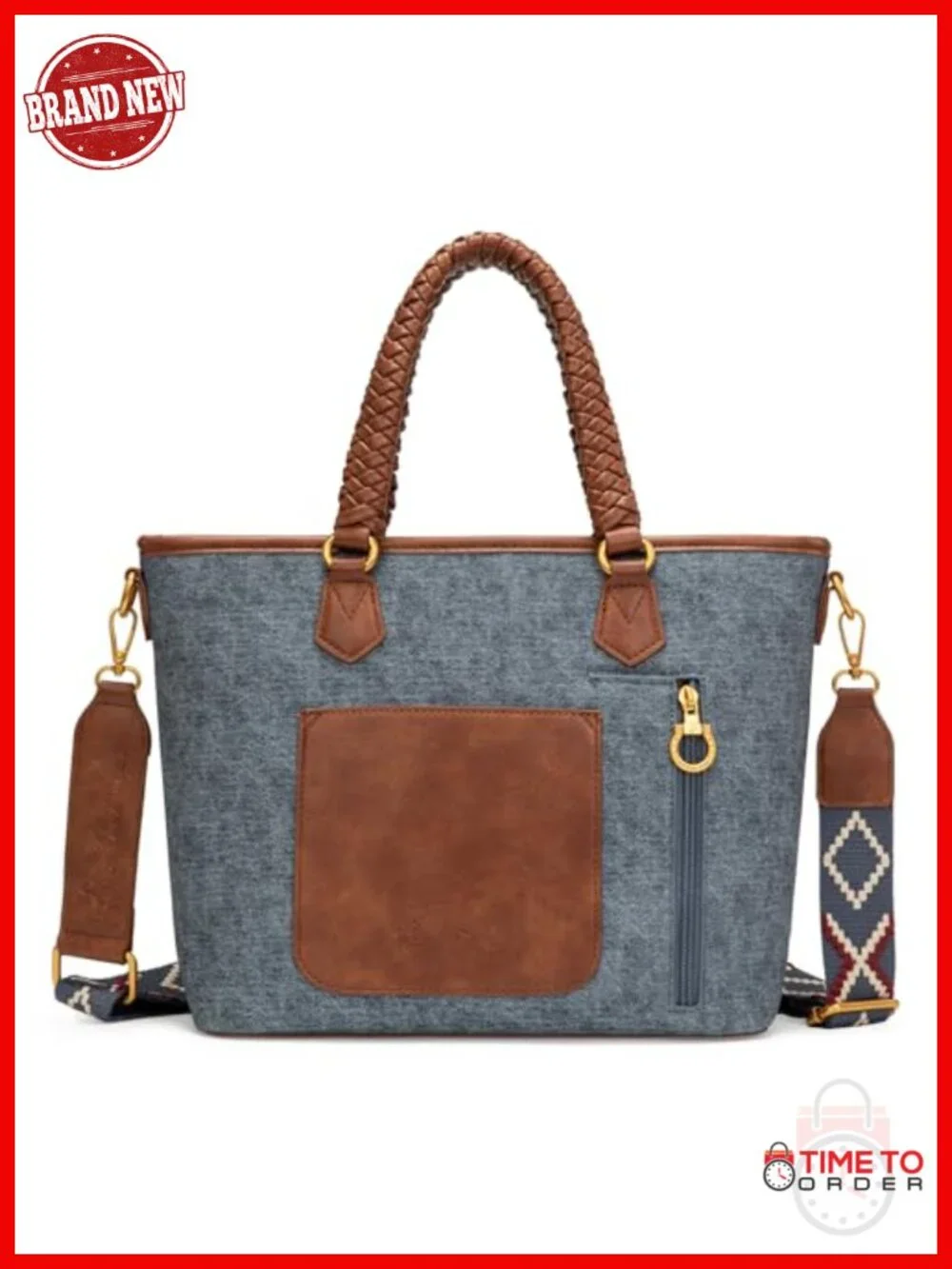 Vintage Patriotic Tote Bag with Braided Handles and Woven Crossbody Strap